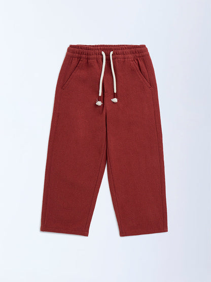HOP Kids Rust Solid Mid-Rise Cotton Trousers