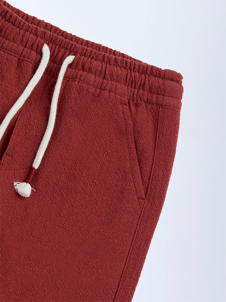 HOP Kids Rust Solid Mid-Rise Cotton Trousers