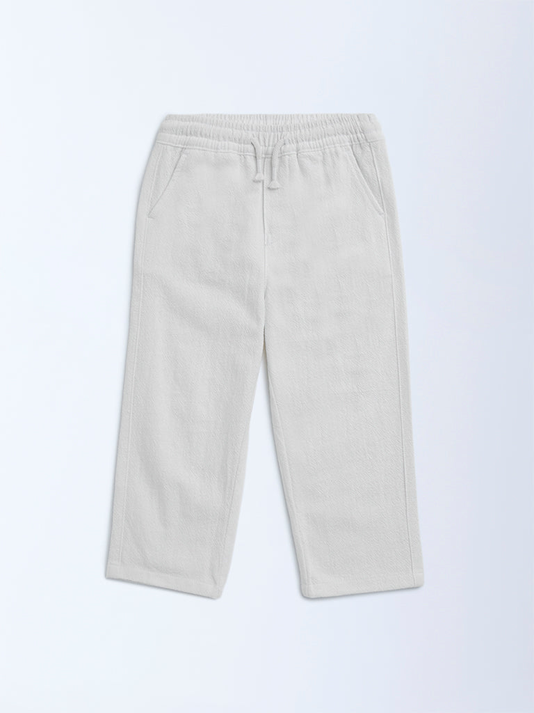 HOP Kids White Solid Mid-Rise Cotton Trousers