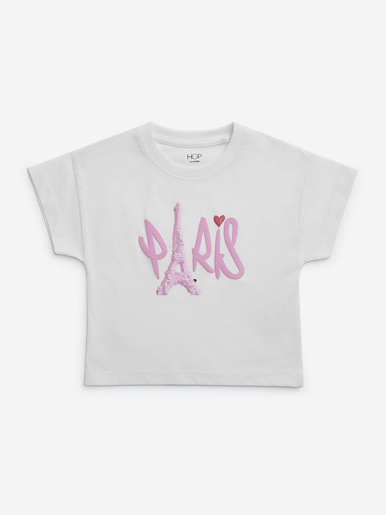 HOP Kids White Sequin Embellished Cotton T-Shirt