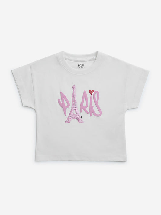 HOP Kids White Sequin Embellished Cotton T-Shirt