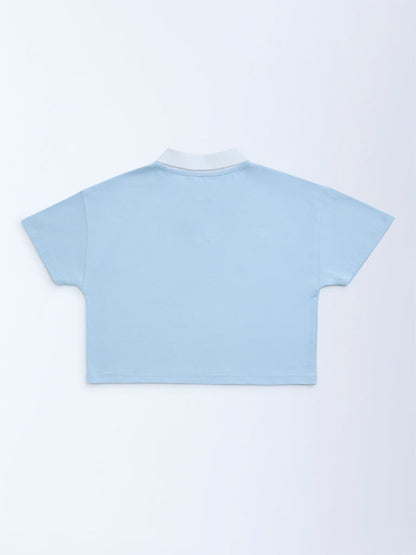 Y&F Kids Light Blue Text Pattern Cotton T-Shirt