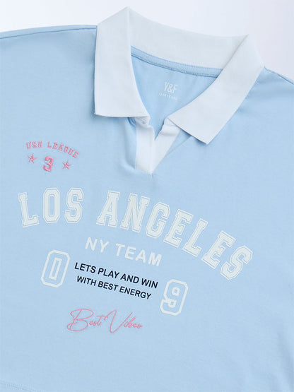 Y&F Kids Light Blue Text Pattern Cotton T-Shirt