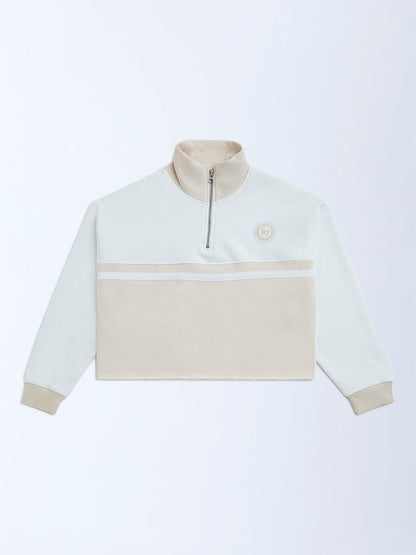 Y&F Kids Beige Cotton-Blend Three-Quarter Zip Sweatshirt