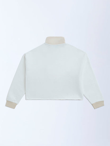 Y&F Kids Beige Cotton-Blend Three-Quarter Zip Sweatshirt