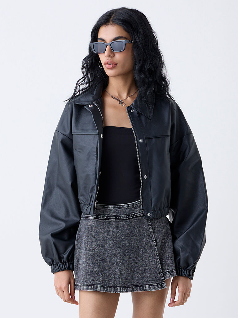 Nuon Black Solid Faux Leather Jacket