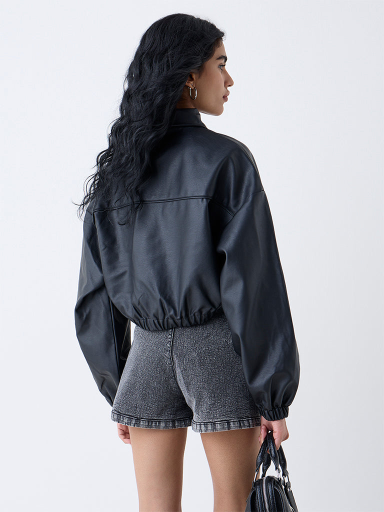 Nuon Black Solid Faux Leather Jacket