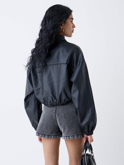 Nuon Black Solid Faux Leather Jacket
