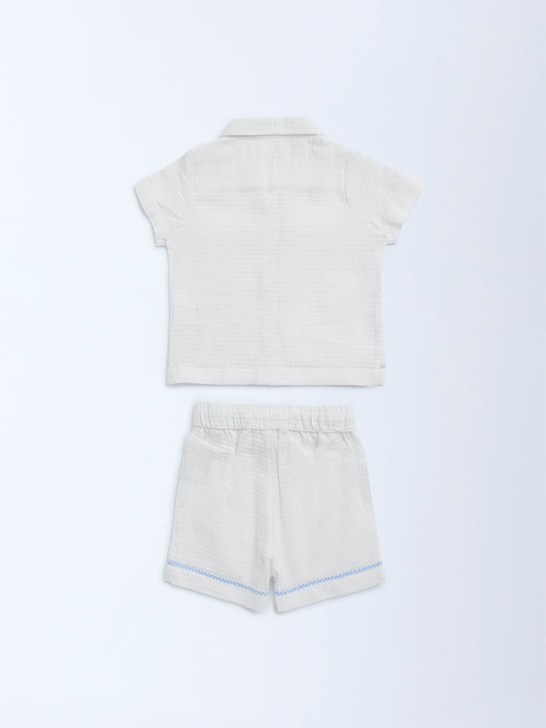 HOP Baby White Waffle-Textured Cotton Shirt with Shorts Set