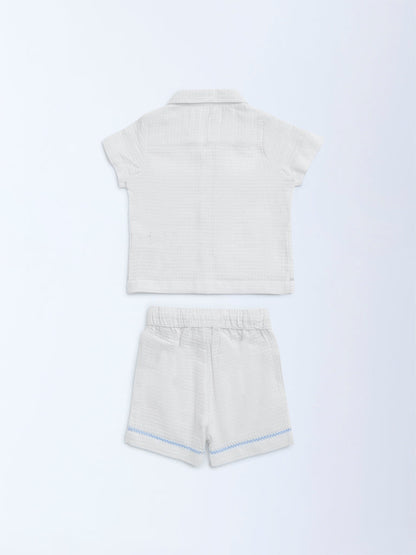 HOP Baby White Waffle-Textured Cotton Shirt with Shorts Set