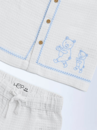 HOP Baby White Waffle-Textured Cotton Shirt with Shorts Set