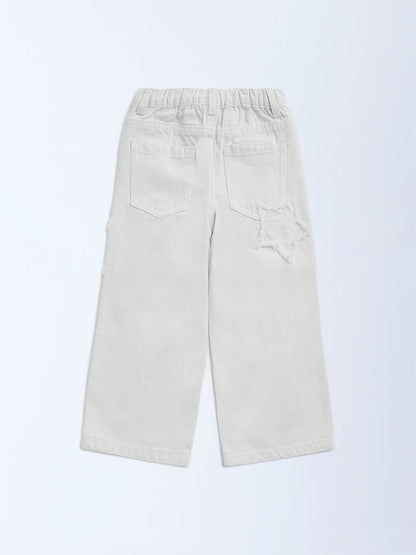 HOP Kids White Fringe-Detailed High-Rise Straight-Fit Jeans