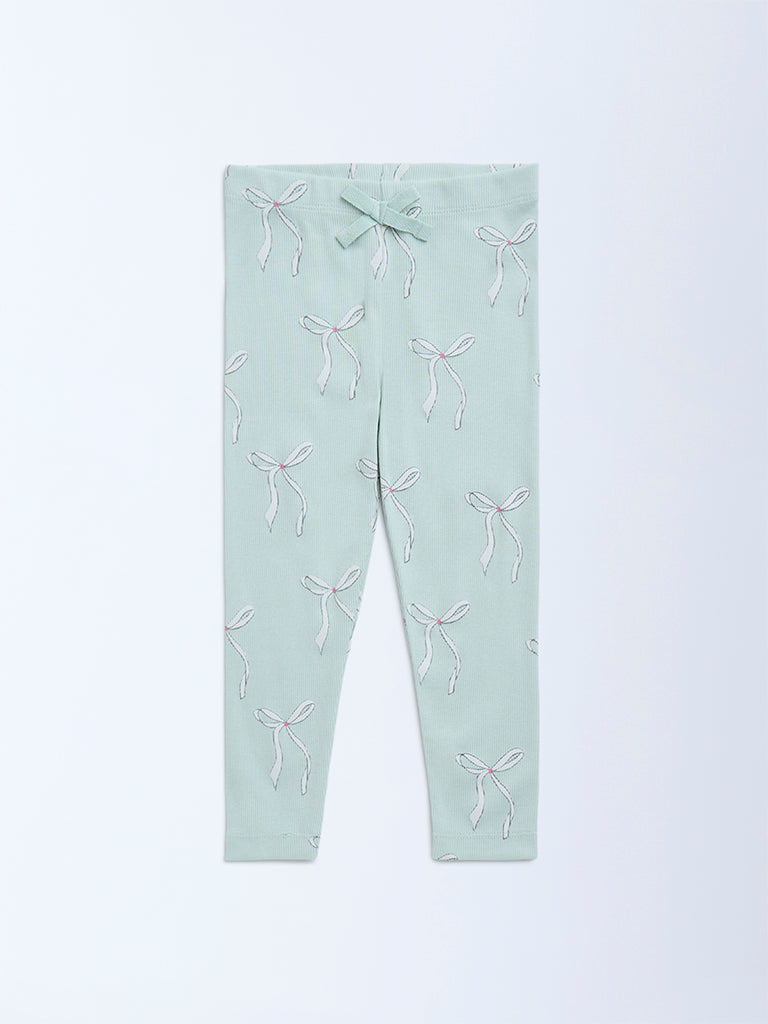 HOP Kids Sage Bow Design High-Rise Cotton-Blend Leggings