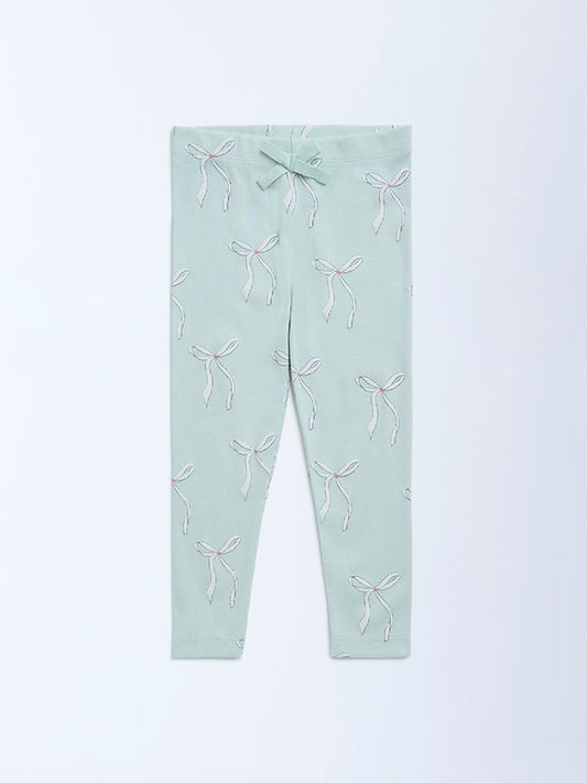HOP Kids Sage Bow Design High-Rise Cotton-Blend Leggings