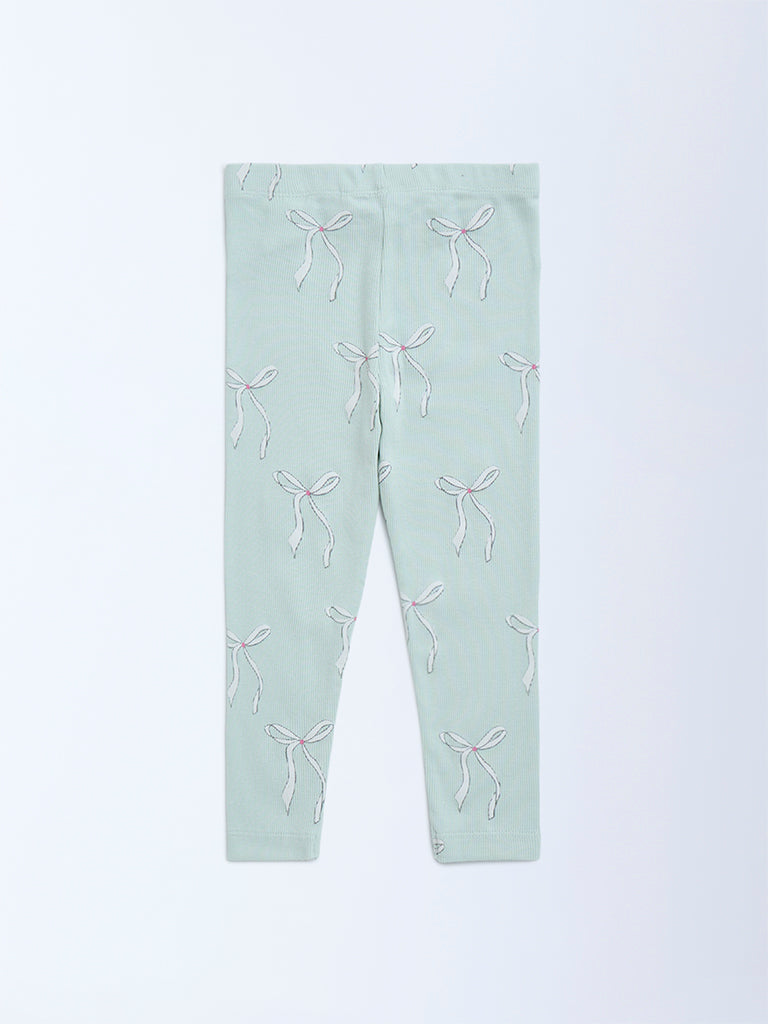 HOP Kids Sage Bow Design High-Rise Cotton-Blend Leggings