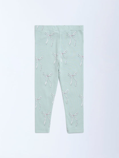 HOP Kids Sage Bow Design High-Rise Cotton-Blend Leggings