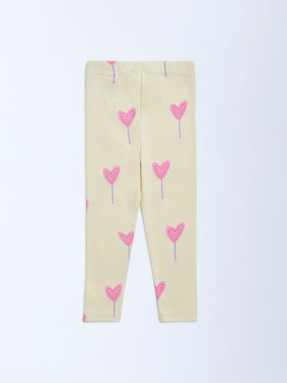 HOP Kids Yellow Printed High-Rise Cotton Leggings