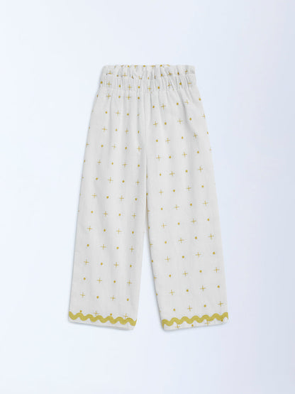 HOP Kids Off-White Embroidered High-Rise Cotton Trousers