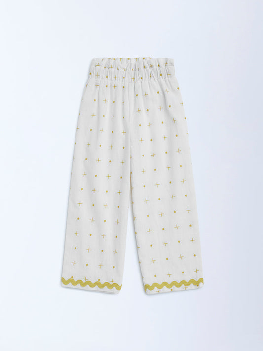 HOP Kids Off-White Embroidered High-Rise Cotton Trousers