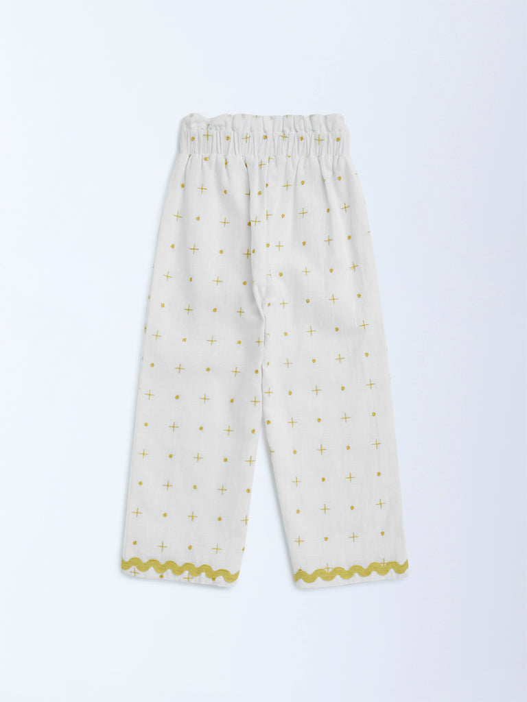 HOP Kids Off-White Embroidered High-Rise Cotton Trousers