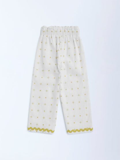 HOP Kids Off-White Embroidered High-Rise Cotton Trousers