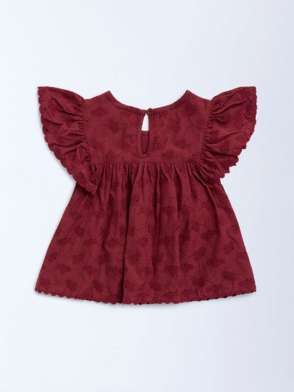 HOP Kids Wine Embroidered Cotton Top
