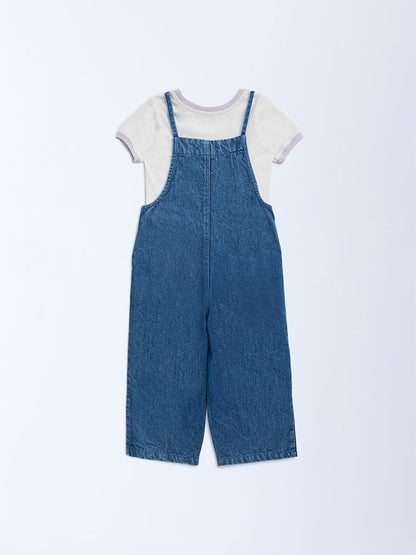 HOP Kids Blue Embroidered Denim Dungaree with T-Shirt Set
