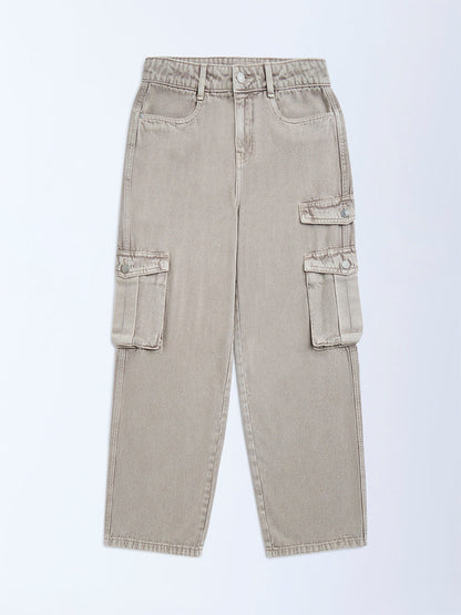Y&F Kids Khaki Cargo-Style Relaxed-Fit Mid-Rise Jeans