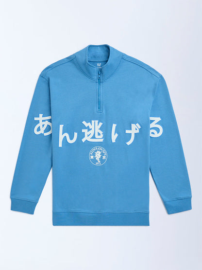 Y&F Kids Blue Cotton Three-Quarter Zip Sweatshirt