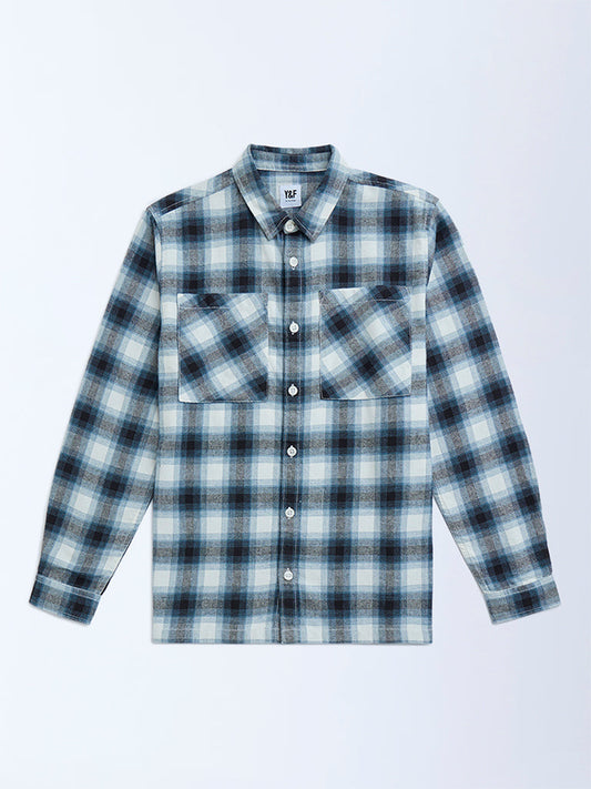 Y&F Kids Dark Blue Checkered Resort-Fit Cotton Shirt