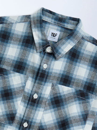 Y&F Kids Dark Blue Checkered Resort-Fit Cotton Shirt