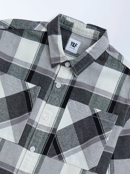 Y&F Kids Black Checkered Resort-Fit Cotton Shirt
