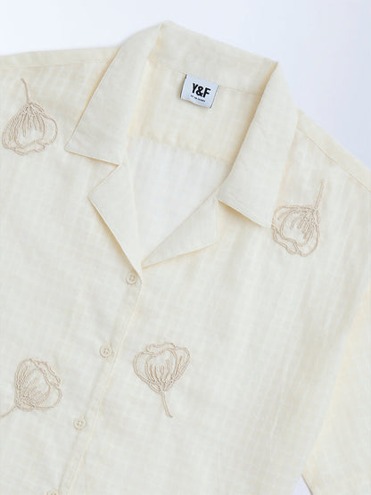 Y&F Kids Off-White Floral Embroidered Cotton Shirt