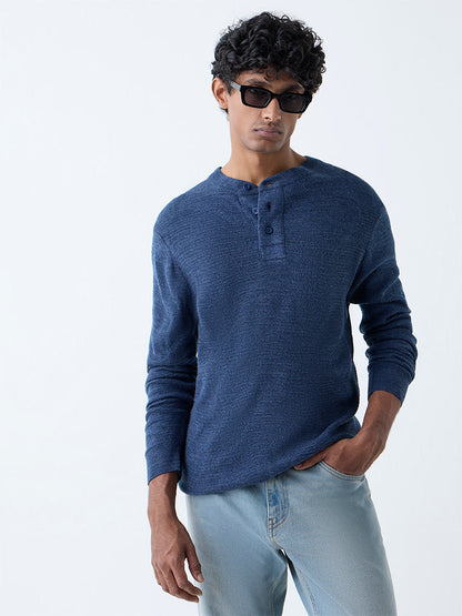 WES Casuals Navy Knitted Relaxed-Fit Henley Sweater