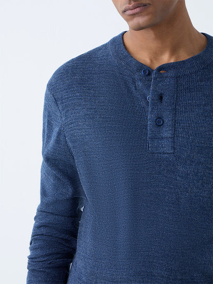 WES Casuals Navy Knitted Relaxed-Fit Henley Sweater