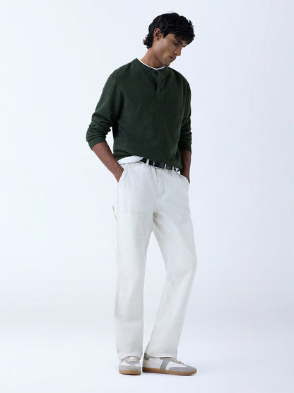 WES Casuals Olive Knitted Relaxed-Fit Henley Sweater