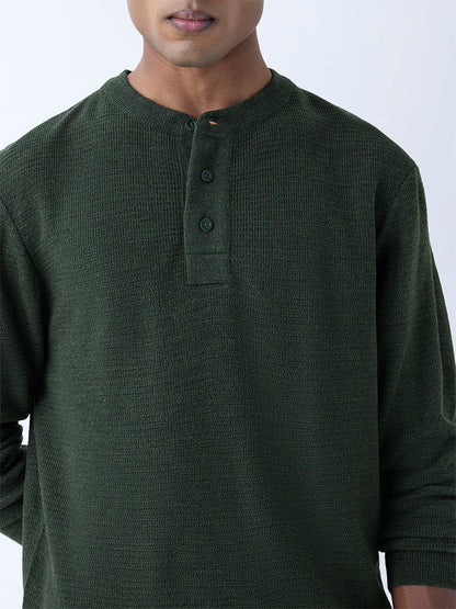 WES Casuals Olive Knitted Relaxed-Fit Henley Sweater