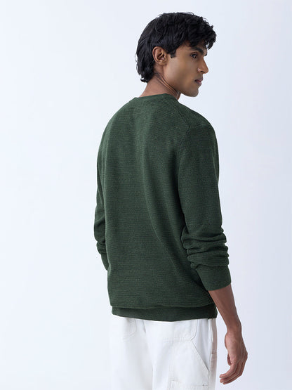 WES Casuals Olive Knitted Relaxed-Fit Henley Sweater