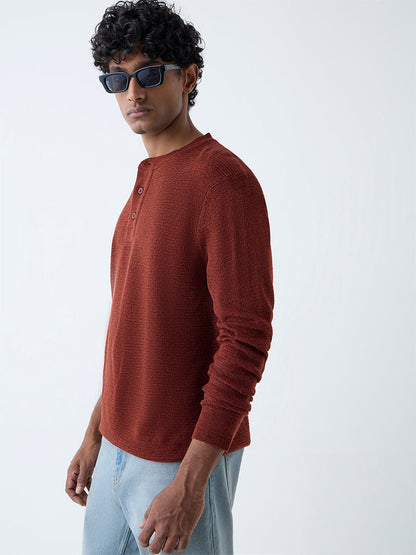 WES Casuals Rust Knitted Relaxed-Fit Henley Sweater