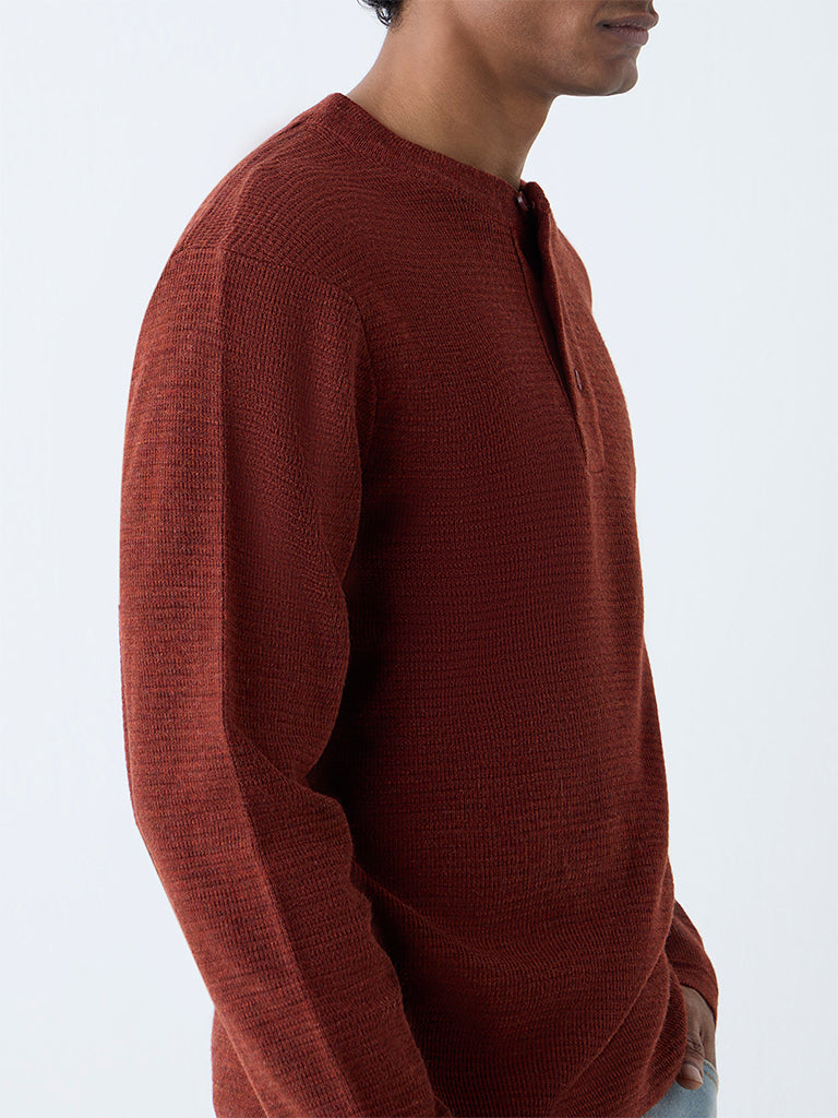 WES Casuals Rust Knitted Relaxed-Fit Henley Sweater