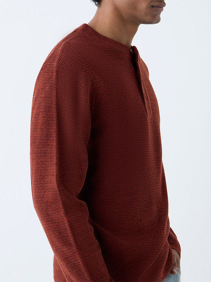 WES Casuals Rust Knitted Relaxed-Fit Henley Sweater