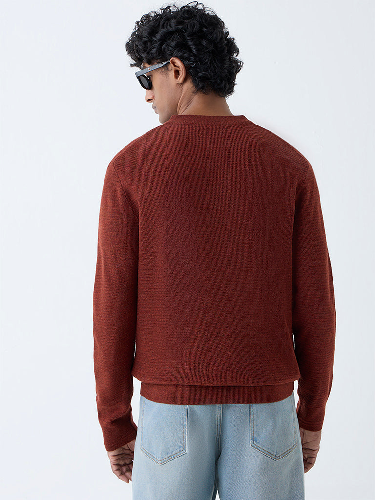 WES Casuals Rust Knitted Relaxed-Fit Henley Sweater
