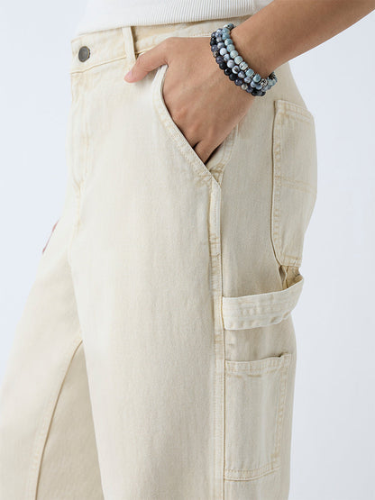 Nuon Beige Relaxed-Fit Mid-Rise Jeans