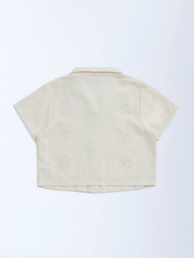 HOP Kids Cream Floral Embroidered Cotton Shirt