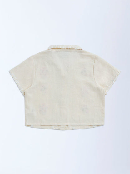HOP Kids Cream Floral Embroidered Cotton Shirt