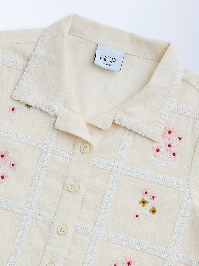 HOP Kids Cream Floral Embroidered Cotton Shirt