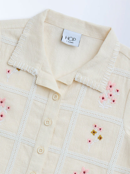 HOP Kids Cream Floral Embroidered Cotton Shirt