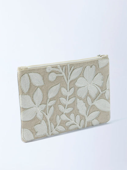Westside Home Beige Floral Embroidered Pouch