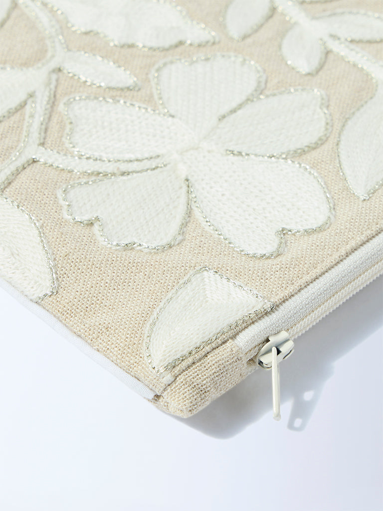 Westside Home Beige Floral Embroidered Pouch