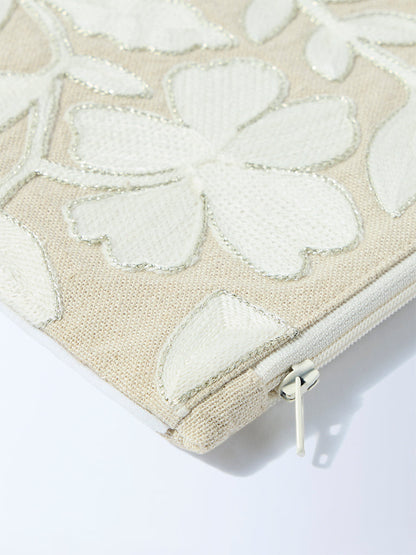 Westside Home Beige Floral Embroidered Pouch